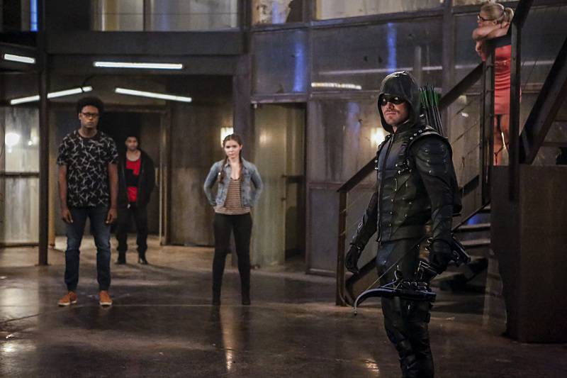 Arrow -- "The Recruits" -- Image AR502a_0051b.jpg -- Pictured (L-R): Echo Kellum as Curtis Holt, Rick Gonzales as Rene Ramirez/Wild Dog,  Madison McLaughlin as Evelyn Sharp, Stephen Amell as Green Arrow and Emily Bett Rickards as Felicity Smoak -- Photo: Bettina Strauss/The CW -- ÃÂ© 2016 The CW Network, LLC. All Rights Reserved.